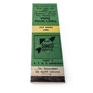 Vintage‎ Blue Sunoco Motor Fuel Matchbook Cover Tobey's Service Station Troy
